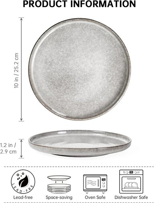 Henten Home 10-Inch Ceramic Dinner Plates - Set of 4 Fluted Porcelain Steak Plates | Scratch Resistant (Grey)