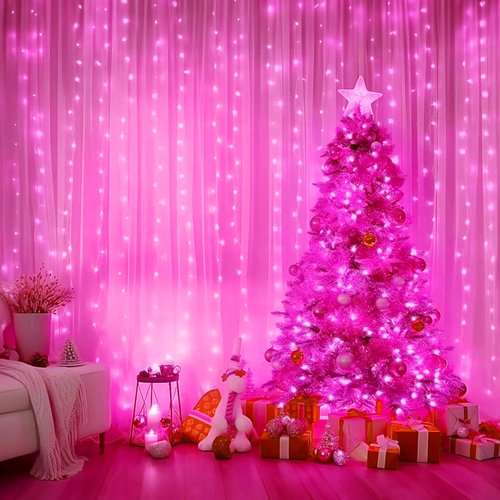 Minetom 300 LED Curtain Lights - Dimmable Fairy Lights with Remote & Timer | USB Powered Pink Indoor Decor