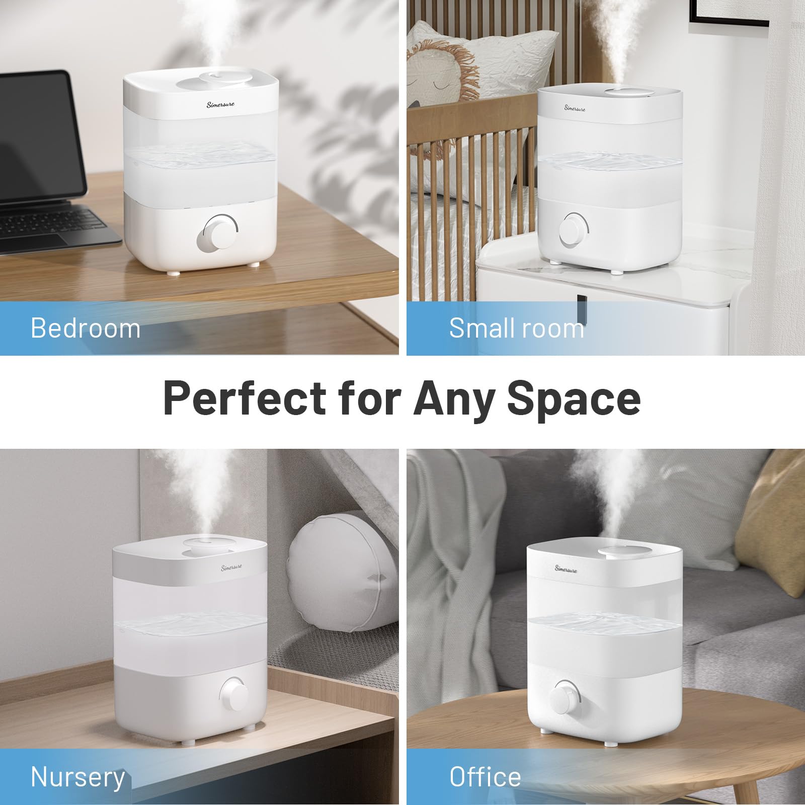 SimerSure Top Fill Humidifier, 2L Water Tank for Bedroom, 28H Long Lasting White Air Humidifier for Large Room, Ultra Quiet 25dB Cool Mist for Baby, Plants, Office, Easy to Clean & Fill