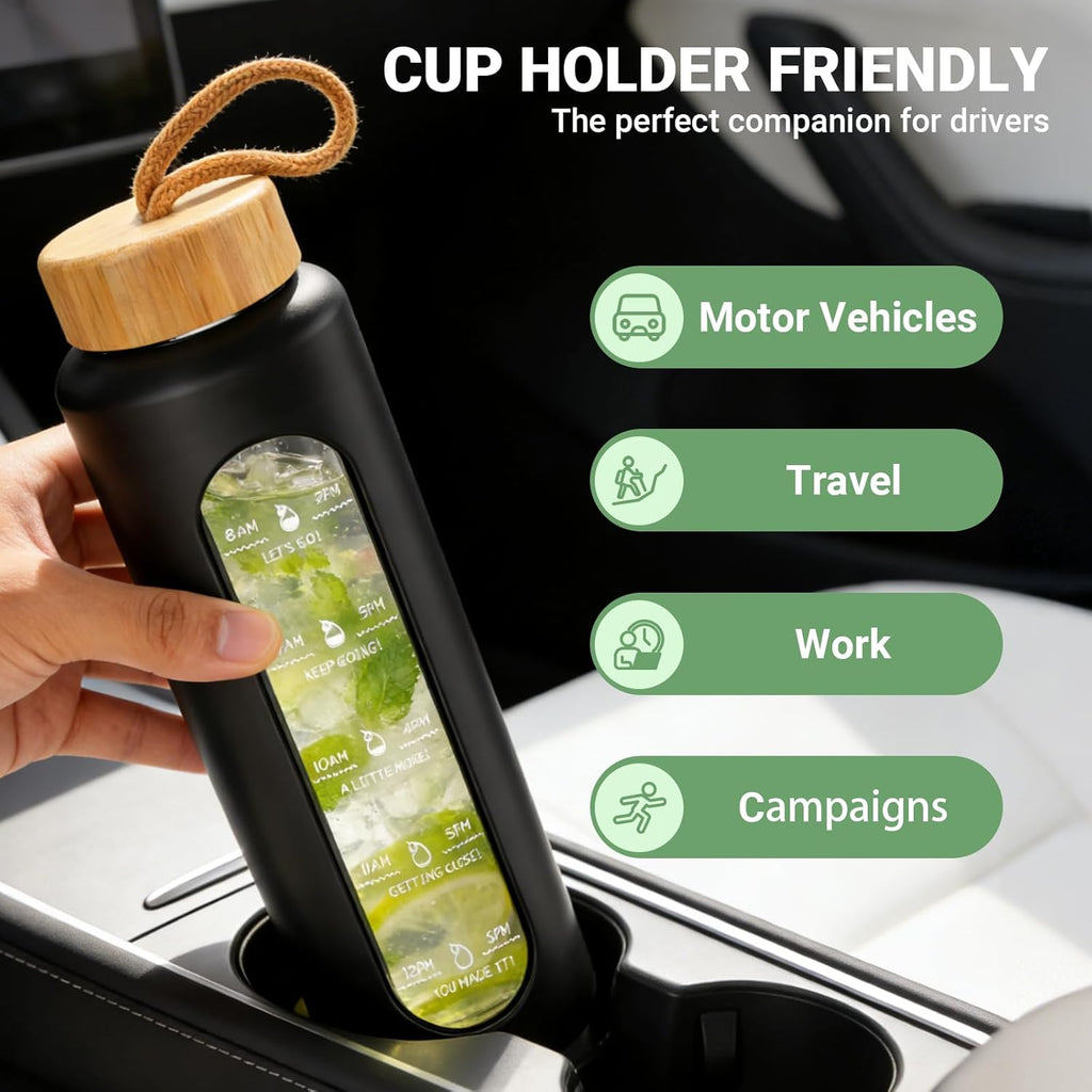 Sursip 32 oz Glass Water Bottle - BPA-Free, Motivational Time Marker, Leak-Proof Design, Eco-Friendly Bamboo Lid