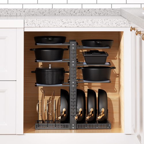 LAMU Pots and Pans Organizer under Cabinet, Expandable to 24" H Pan Organizers inside Cabinet for Kitchen Storage, 6 Adjustable Tiers and 6 Pot Lid Organizer Racks, Holds 12 Cast Iron Cookware Black