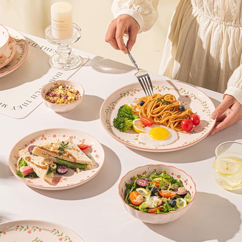 FANGJING 16-Piece Dinnerware Set for 4, Ceramic Plates and Bowls Sets, Microwave & Dishwasher Safe Dish Sets for Daily Use & Gifting, with Spring Peach Blossom Pattern