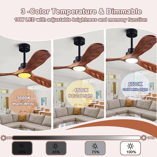 Ceiling Fans with Lights and Remote,52 Inch Unique Wood Ceiling Fan with Noiseless Reversible DC Motor,3 Blades,3 Downrods, for Farmhouse,Patio Living Room,Bedroom,Office,Indoor Outdoor(Black+Walnut)
