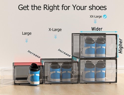 Kuject Shoe Storage Boxes - Clear Plastic Stackable Organizers | XX-Large 12 Pack for Closet & Under Bed - Black