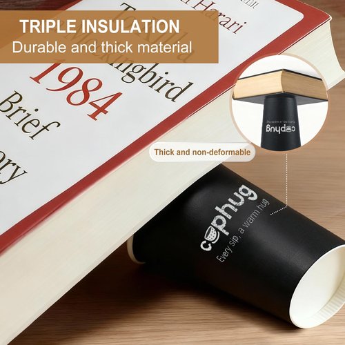 cuphug 100 Pack 12 oz Black Coffee Cups with Lids, To Go Paper Cups with Sleeves and Stirring Sticks, Insulated Disposable Coffee Cups for Hot/Cold Drinks and Daily Use