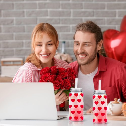 Whaline 20Pcs Valentine's Day Plastic Cups with Lids and Straws Clear Party Drinking Cups Red Heart Reusable Tumblers for Holiday Party Supplies