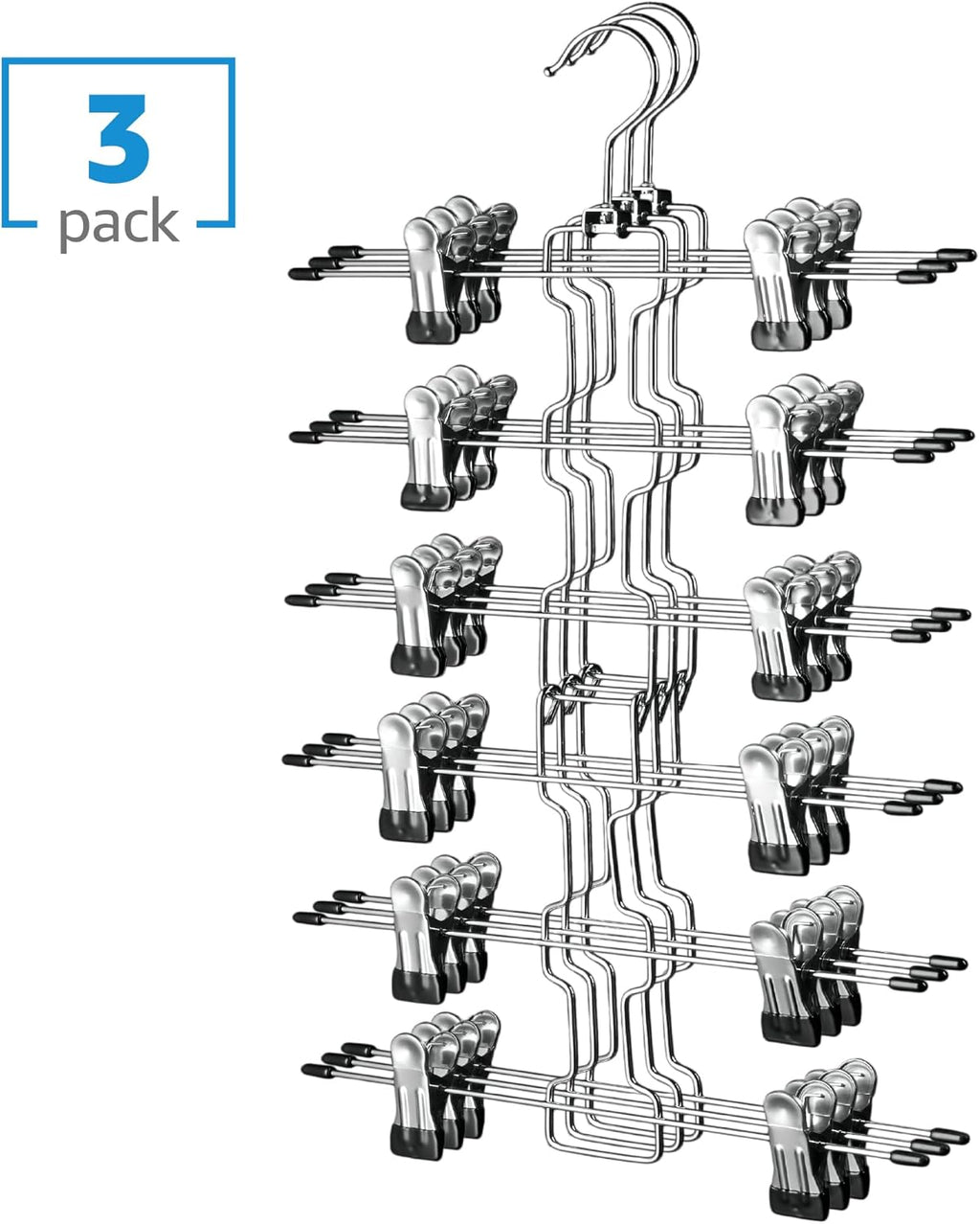 ZOBER 3-Pack Skirt Hangers with Clips - Space-Saving Closet Organizer with Swivel Hooks