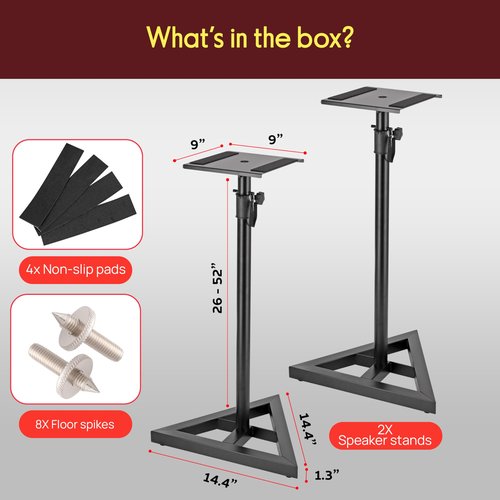 Pyle Speaker Stand Pair of Sound Play 1 and 3 Holder - Telescoping Height Adjustable from 26” - 52” Inch High Heavy Duty Three-point Triangle Base w/ Floor Spikes and 9” Square Platform, Black