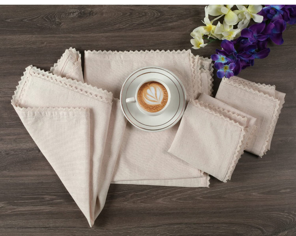 Set of 12 Linen Flax Cotton Cloth Dinner Napkin Washable 18x18 with Lace in Natural Mitered Corners- Ideal for Wedding, Spring, Easter Dinner, Parties and Table Decorations Ivory lace