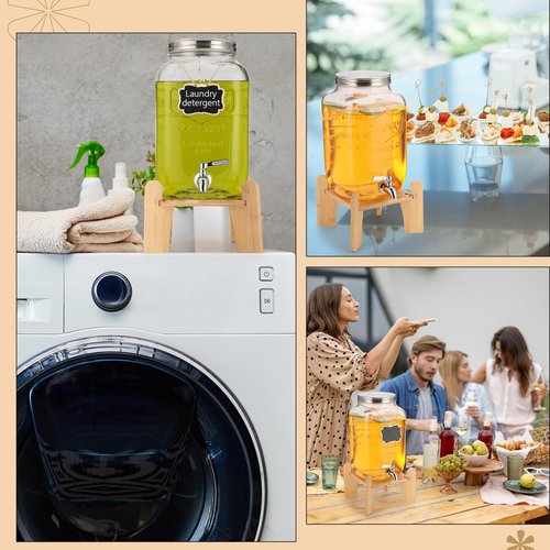 Sliner 2 Pack 2 Gallon Glass Drink Dispenser with Natural Bamboo Stand Glass Beverage Dispenser Water Juice Drink Containers for Parties with Stainless Steel Spigot Hanging Chalkboard