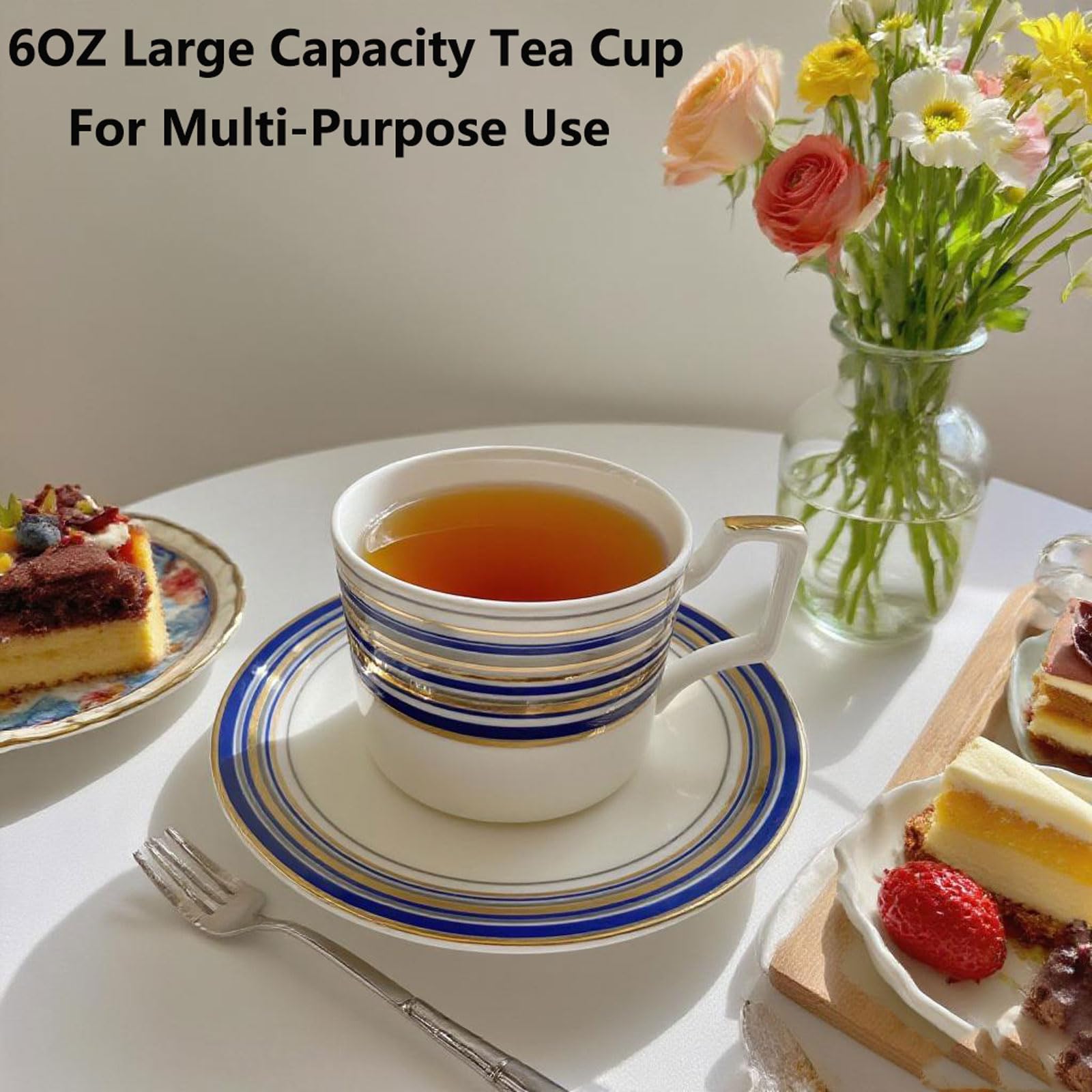 Vintage Tea Sets for Adults, Porcelain Complete Tea Sets - Golden&Blue Trim British Coffee Cups& Saucer Service for 4 with Teapot,Sugar Bowl,Creamer Pitcher for Gifts Kitchen&Party