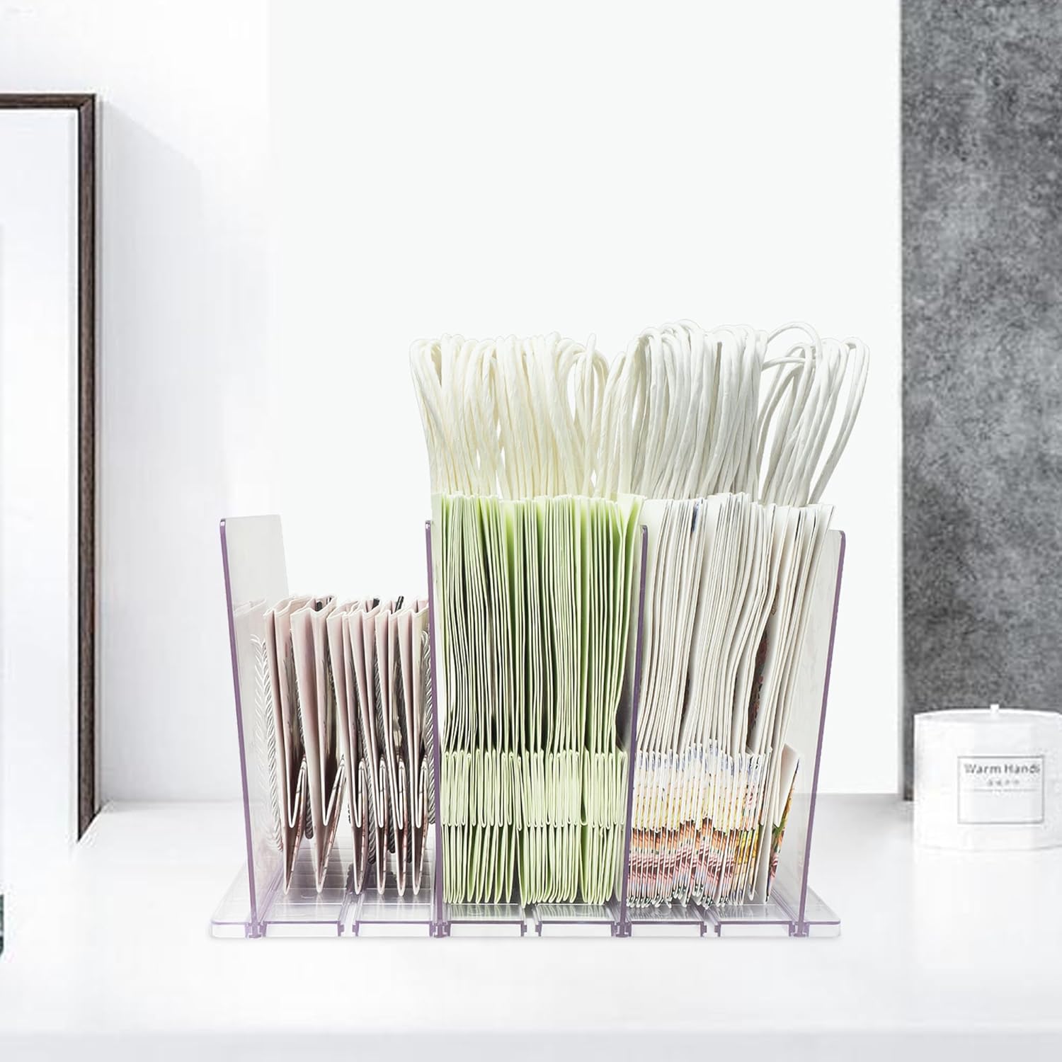Skiennix Gift Bag Storage Organizer - Clear Acrylic Design with Adjustable Shelf Divider | 1 Pack
