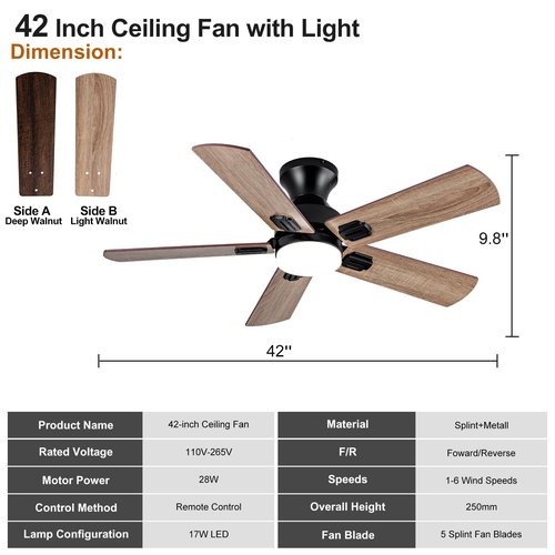 KENSID 42 Inch Black Ceiling fans with lights and Remote,Low Profile Flush Mount Modern Ceiling Fan with Light, 5 blades,Dimmable LED Light,Wall Switch,Indoor Outdoor Ceiling Fan for Bedroom