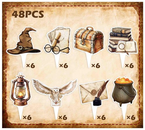 48PCS Wizard Cupcake Toppers，Magical Party Cake Decorations for Birthday Baby Shower Party Themed Supplies