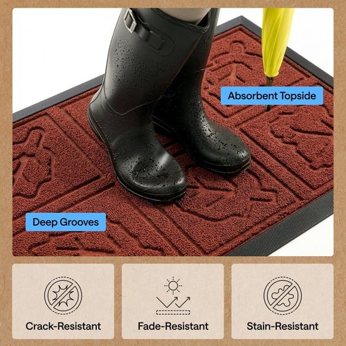 GORILLA GRIP Waterproof All-Season WeatherMAX Doormat - 35x23 Natural Rubber, Stain & Fade Resistant, Easy Clean, Burgundy Leaves