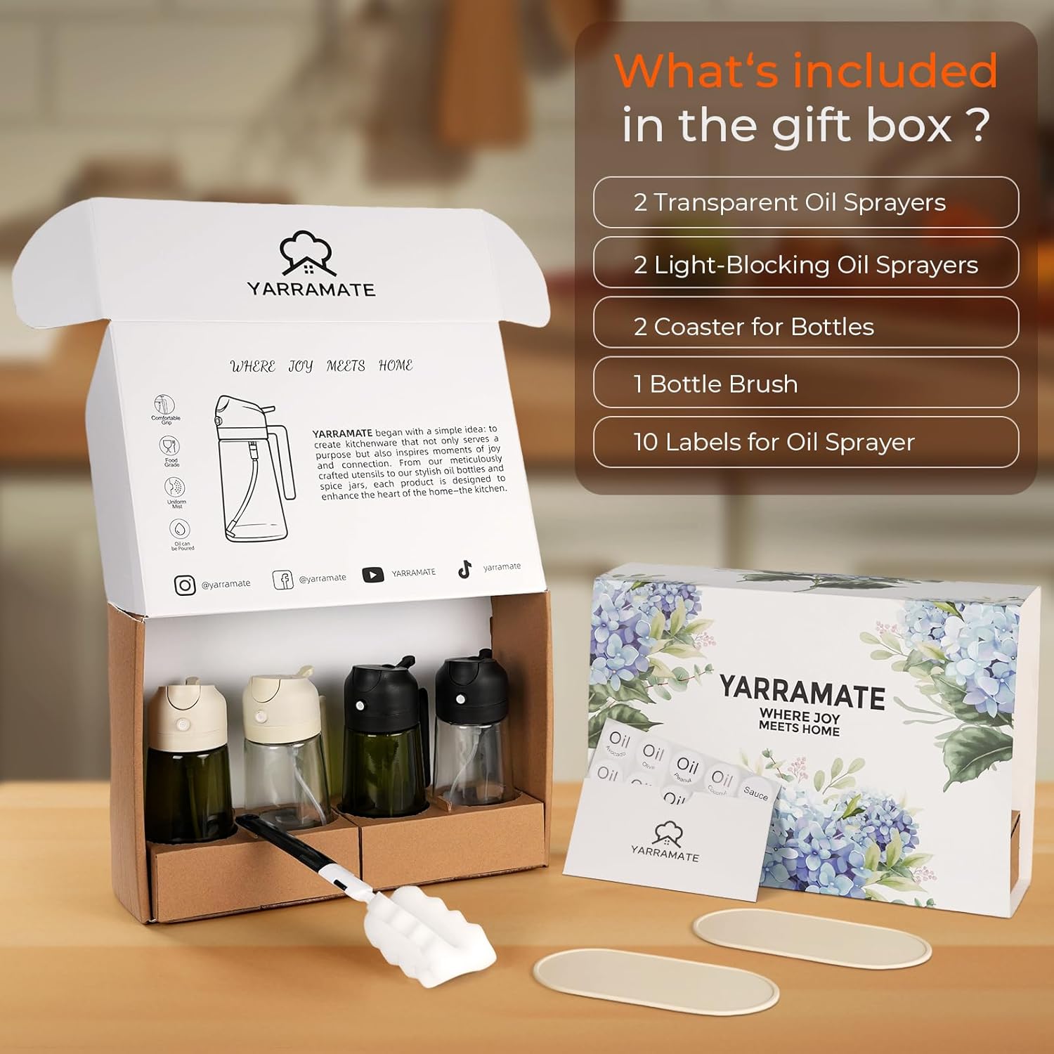 YARRAMATE Glass Olive Oil Sprayer Set - 4Pcs 16oz with Stickers, Non-Slip Mats & Cleaning Brush | Perfect Kitchen Gift