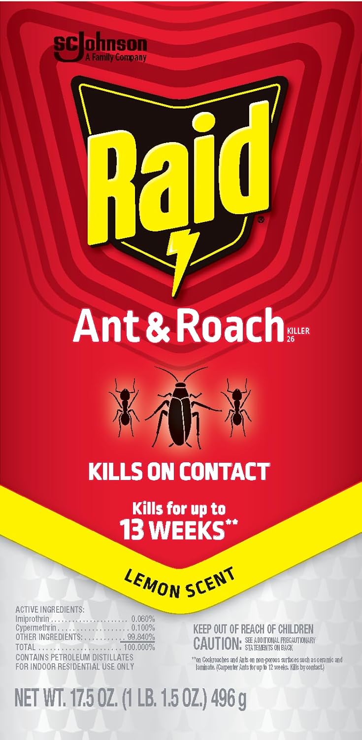Raid Ant & Roach Killer Spray - Long-Lasting Lemon Scent Formula for Effective Bug Control, 17.5 oz