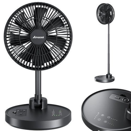 AMACOOL 10'' Foldable Oscillating Fan, 20000mAh Battery Operated with Remote & Timer, Height Adjustable Portable Standing Fan, Quiet USB Output for Camping RV Picnic Home Office Outdoor