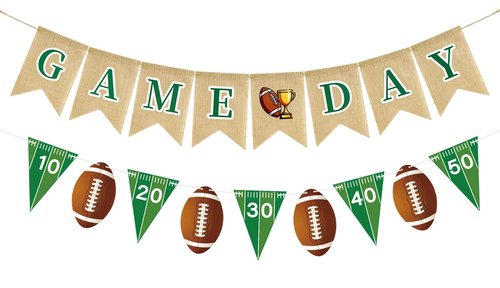 Football Burlap Banner Garland - NO DIY Game Day Banner Pre-Strung Football Birthday Banner Garland Triangle Flags Banners for Football Birthday Party Decorations Indoor and Outdoor