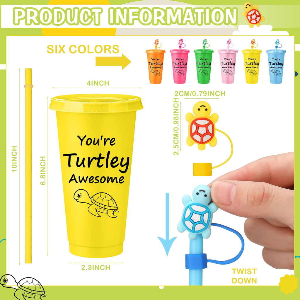 Jingmore 12 Set End of Year Students Gift from Teacher Bulk You're Turtley Awesome 24 oz Plastic Tumblers with Lids and Straw Stoppers Employee Appreciation Cups for Staff Coworker Team Teacher