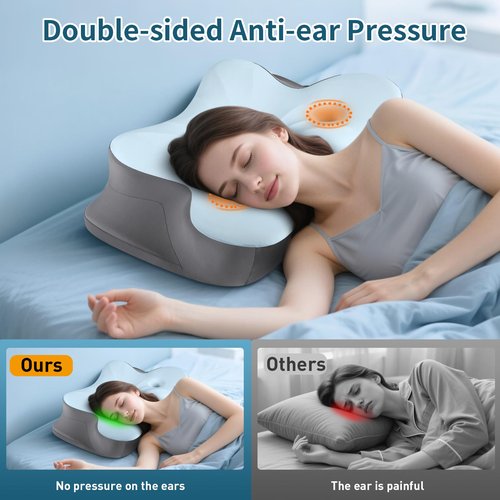 Cerrvical Neck Pillow- Ergonomic Memory Foam Pillows for Sleeping, Dual Ear Relief Zone Contour Pillow, Neck Support Pillows for Side Back &Stomach Sleeper (Blue)