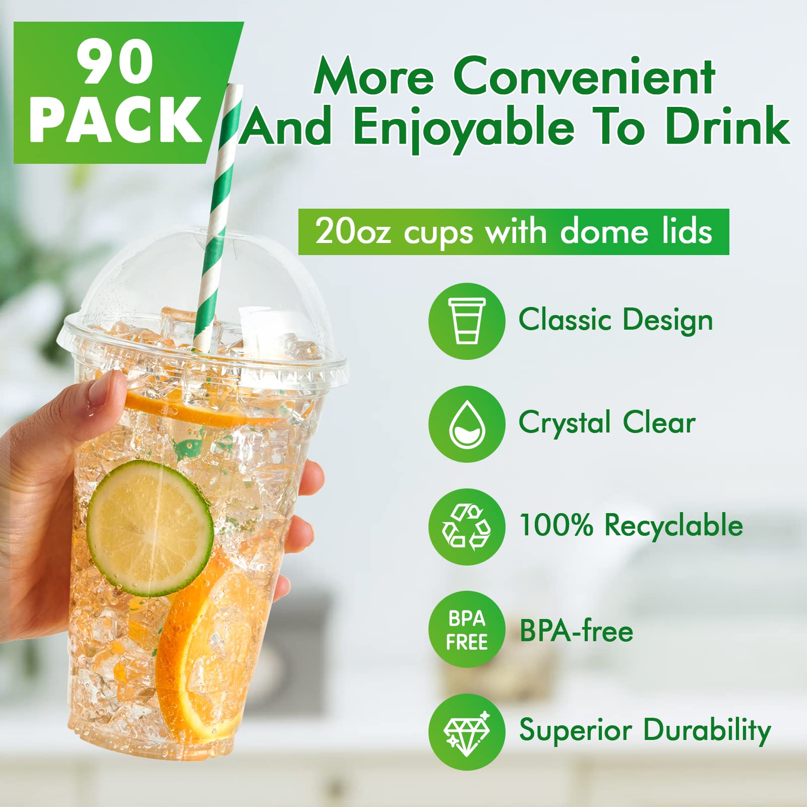 Lilymicky 90 Sets 20 oz Clear Plastic Cups with Dome Lids, 20 oz Disposable Plastic Drinking Parfait Cups for Ice Coffee, Smoothie, Frappuccino, Bubble Boba