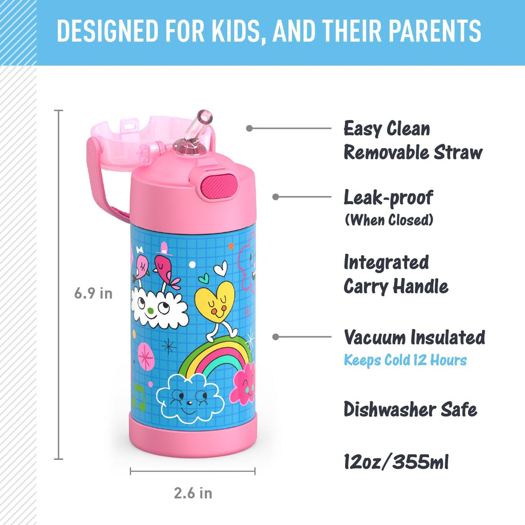 THERMOS FUNTAINER Water Bottle - 12 Ounce Kids Stainless Steel Vacuum Insulated with Straw & Lid