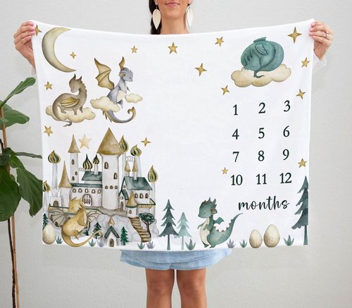 Yuzioey Dragon Milestone Blanket, Dragon Fairy Tale Baby Growth Chart Monthly Blanket, Watch Me Grow Dragon Baby Nursery for New Moms Baby Shower(50"x40")