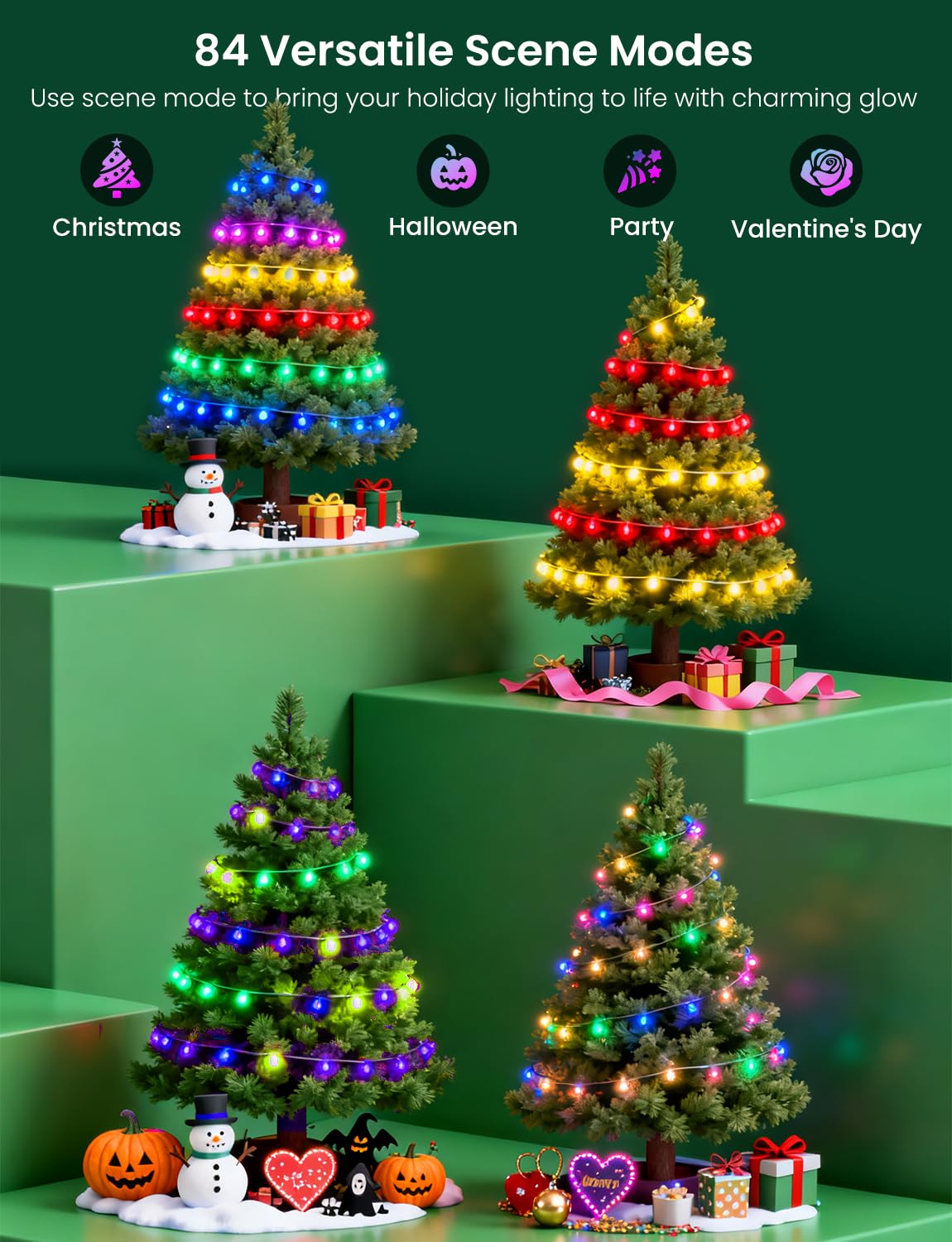 YULINKCO Smart RGB+IC String Lights with 300 LED, 98 FT Indoor Color Changing Christmas Lights, APP & Remote Control, 84 Scenes, Music Mode, Christmas Tree Decor