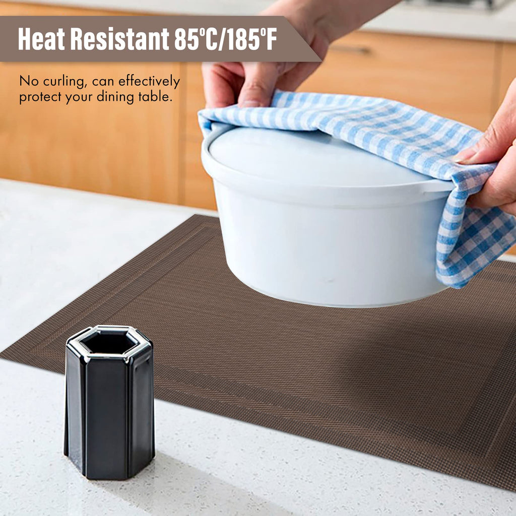 Winknowl Placemats Set of 4，Heat Resistant Woven Vinyl Washable PVC Place Mats，Non-Slip Stain Resistant Indoor/Outdoor Table Mats for Dining Table (Brown)