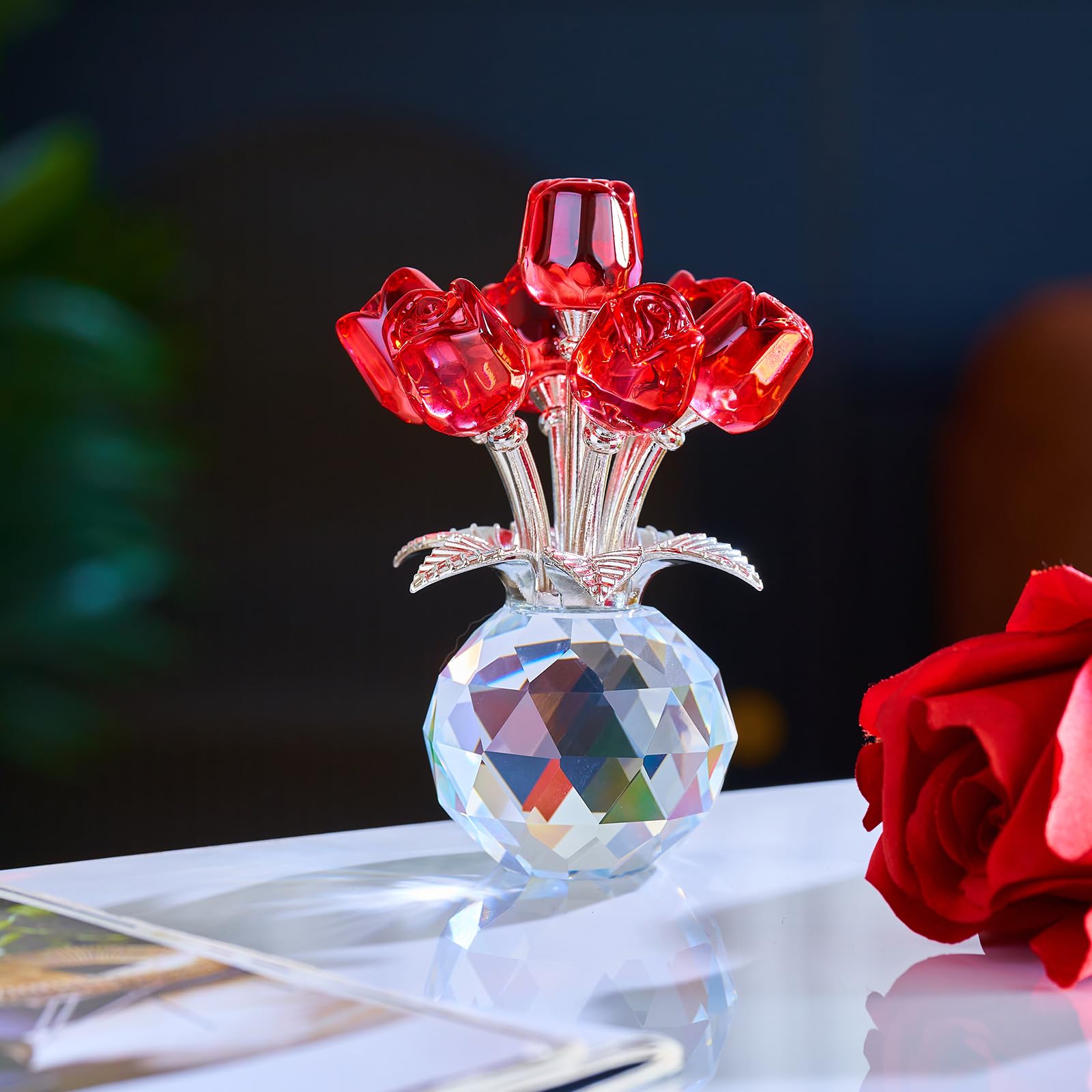 XLSJGYP Red Rose Crystal Flower Paperweight,Glass Flower Gifts for Sister Girlfriend Women Girl Wife,Crystal Flowers Bouquet Collectible for Valentine's Day Wedding Anniversary (Red Rose 02)