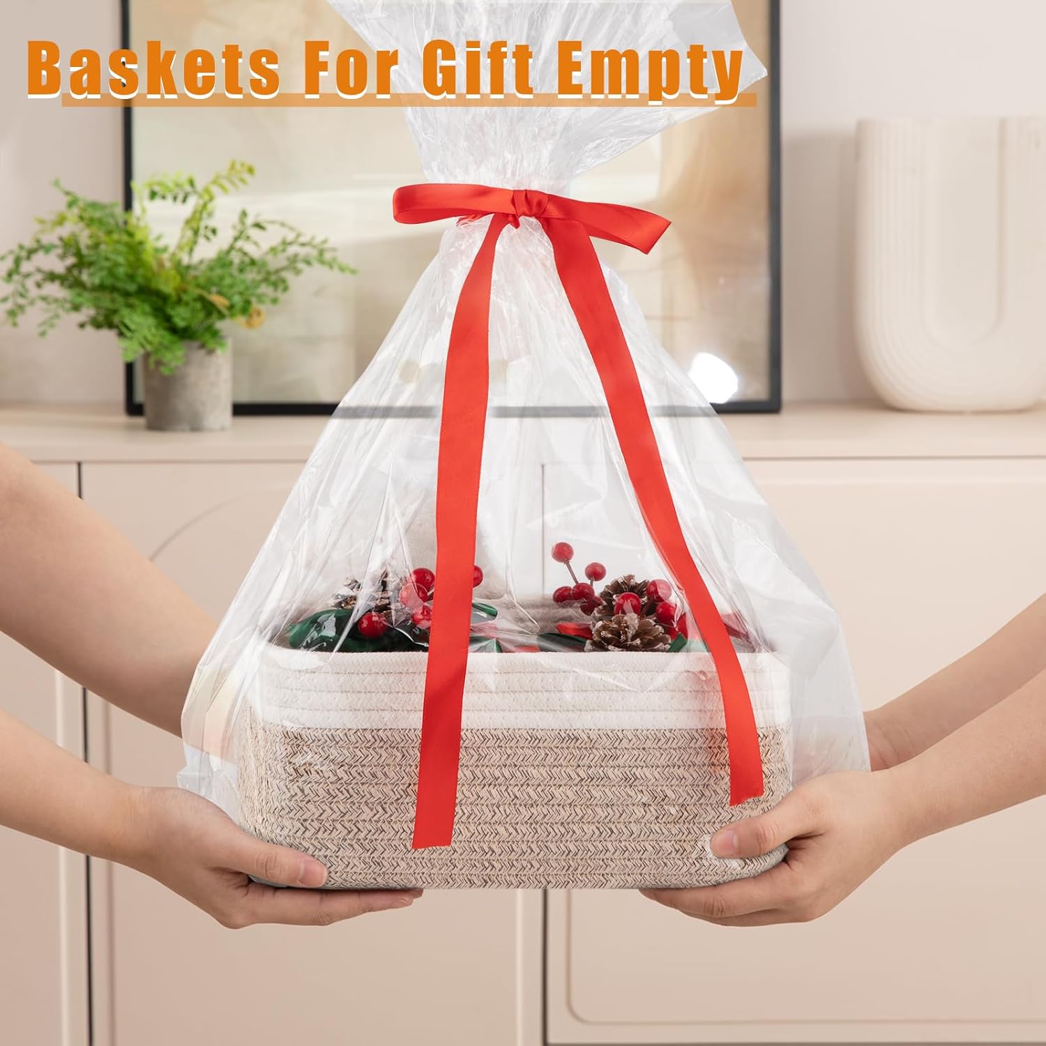 OIAHOMY Storage Baskets - Cute Decorative Organizing Bins for Shelves | 4 Pack, 11.8''L x 7.8''W x 4.7''H, Brown/White