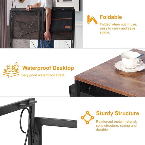 VECELO Folding Desk with Storage Bag 39 Inch Writing Desk Home Office Sturdy Steel Laptop Table for Home Office Work Retro Brown
