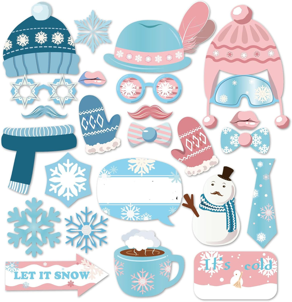 Snowman Photo Booth Props - Winter Wonderland Theme | 25 Count Snowflake Decorations
