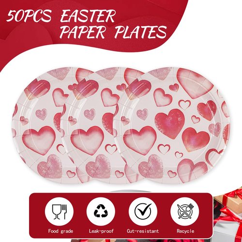PUEVENYI 50PCS Valentine's Day Paper Plates - 7Inch Pink Heart Love Print Dessert Plates for Cake Salad Fruit Pizza,Disposable Decoration Supplies for Valentine's Wedding Anniversaries Birthday Party