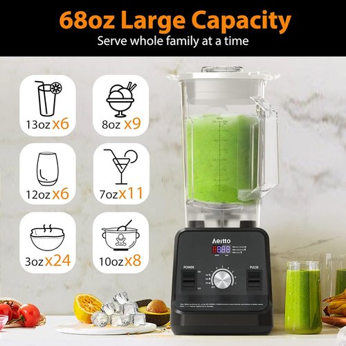 Aeitto Blender - 1500-Watt Professional Kitchen Blender | 68 Oz Capacity for Ice Crushing & Frozen Drinks - Black