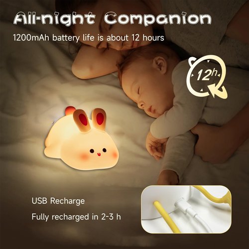NesveCit Big Face Rabbit Night Light, Adorable LED Bunny Night Lamp, Silicone Dimmable Nursery Nightlight for Girls, Silicone Rechargeable Bedside Touch Night Lights for Easter Decor
