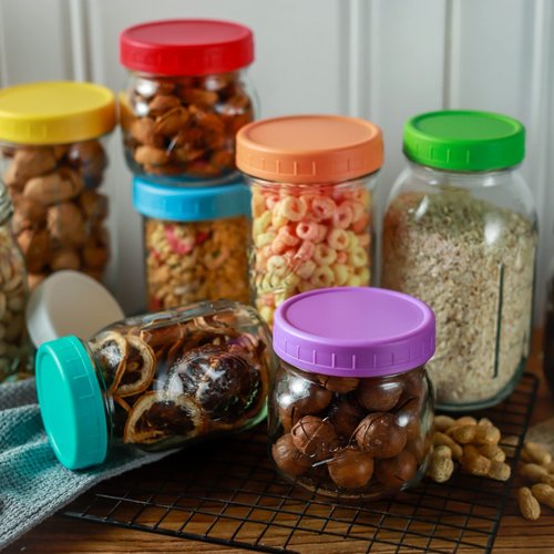 Bedgeta 12 Wide Mouth Mason Jar Lids with Silicone Ring,Thickened Leak-proof Lids Fit Ball,Kerr and More, Canning Lids, 86mm Plastic Mason Jar Lids