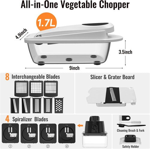 12 Blade Vegetable Chopper Mandoline Slicer - All-in-One Kitchen Gadget with Container | White