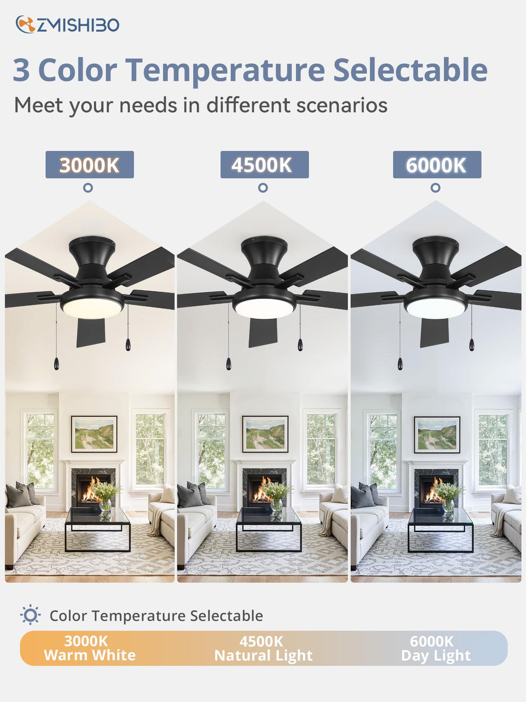 ZMISHIBO 52inch Ceiling Fans with Lights, Low Profile Ceiling Fan with Pull Chain and Remote Control, Flush Mount, Reversible, Dimmable, Noiseless, Black Pull Cord Ceiling Fan for Bedroom