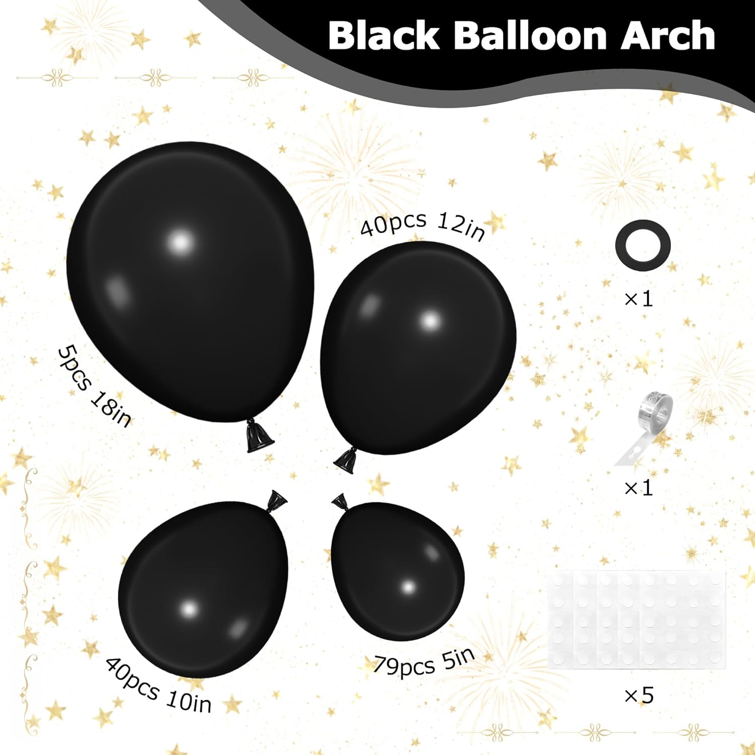 Ouddy Life Black Balloon Garland Kit - 164Pcs Matte Latex Balloons in Various Sizes for Parties & Events