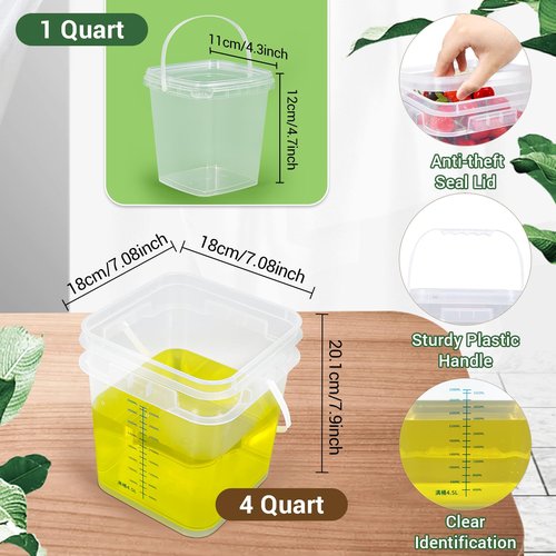 UMETASS 1Gal Clear Square Bucket with Airtight Lids, BPA-Free Food Storage Container for Kitchen Pantry, Meal Prep, Snack, Rice, Flour, Pet Food - Transparent Bucket with Scale Marks (2x4 Qt, 2x1 Qt)