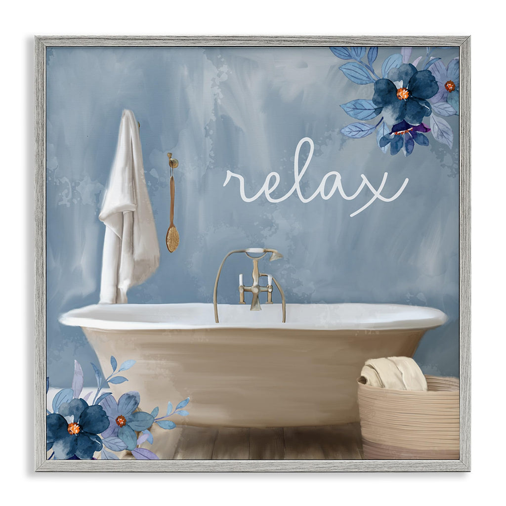 Stupell Industries Blue Floral Relax Bathroom Scene Framed Wall Art, Design by Kim Allen