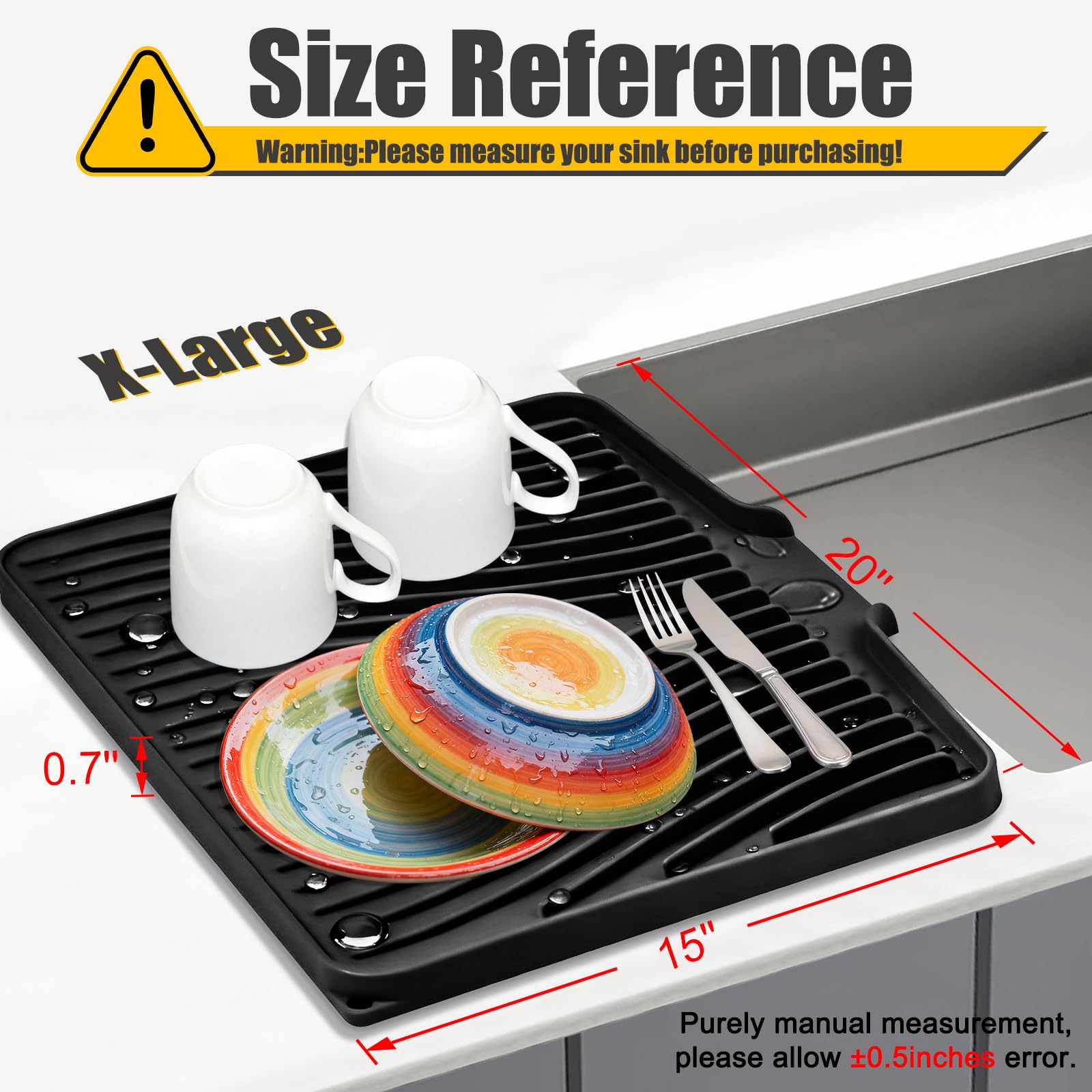 TIKNIK Silicone Dish Drying Mat, Stone Drying Mat for Kitchen Counter with Built-In Drain, Non-Slip Drain Pad with Built-in Drain, Heat Resistant Stone Drying Mat, Hangable, Black-1pc, 20" x 15"