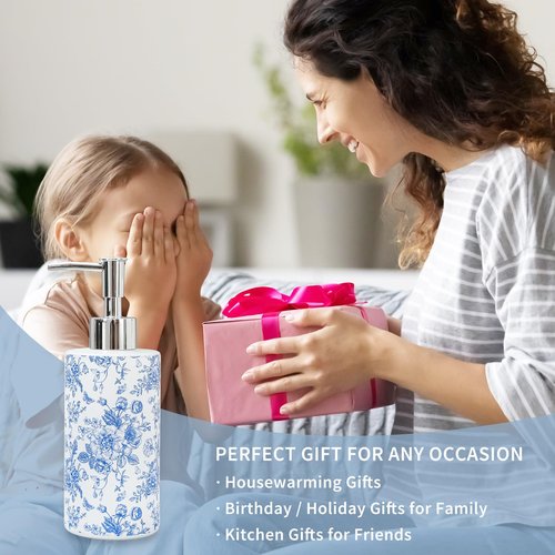 JarThenaAMCS Blue Floral Soap Dispenser Vintage Flower Butterfly Glass Dispenser with Pump Refillable Chinoiserie Liquid Soap Container for Farmhouse Home Kitchen Bathroom Countertop