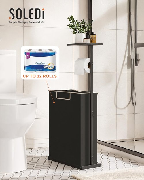 Freestanding Toilet Paper Holder Stand with Shelf for Up to 12 Rolls,Rustproof Metal Bathroom Toilet Paper Storage with Lid, All-in-One Toilet Tissue Roll Dispenser and Organizer,Black