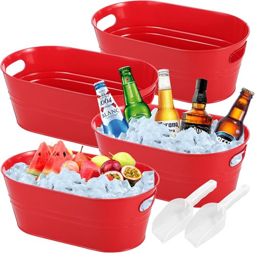 4Pcs 3 Gallon Red Galvanized Bucket Ice Bucket Large Metal Drink Buckets for Parties Beer Beverage Tub with Scoops for Champagne Cocktails Wine Cooling for Mimosa Bar Supplies