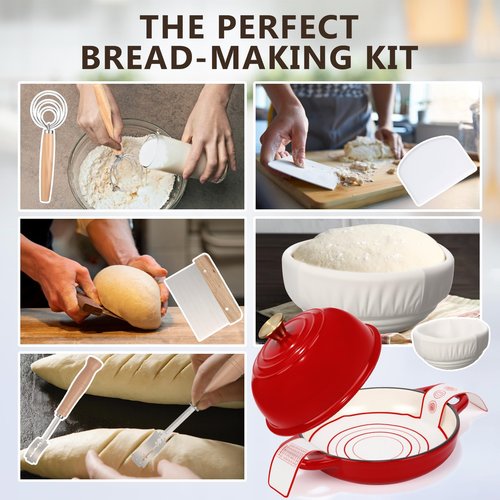 Reallnaive 8 Pcs Enameled Bread Dutch Oven with Lid for Sourdough Baking Oven Enameled Cast Iron Dutch Pot with Bread Proofing Basket Baking Supplies Set for Kitchen Homemade Roasting(Red,5 Quart)