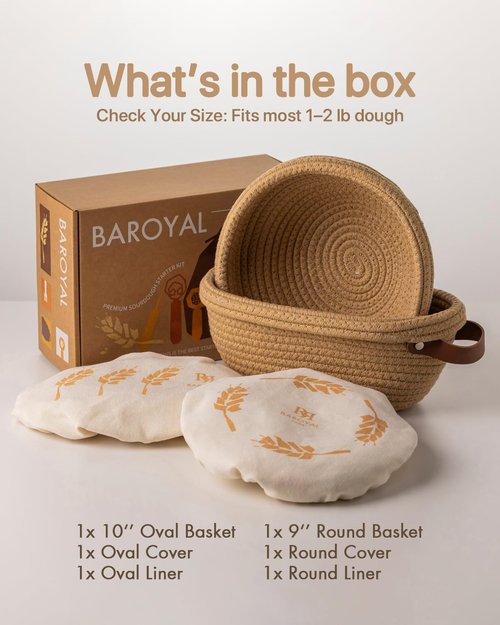 Crispier Crust Cotton Rope Banneton Bread Proofing Basket Set, Oval & Round Bread Baskets with Liners & Covers for Artisan Bread Baking, Sourdough Bread Baking Supplies(Brown)
