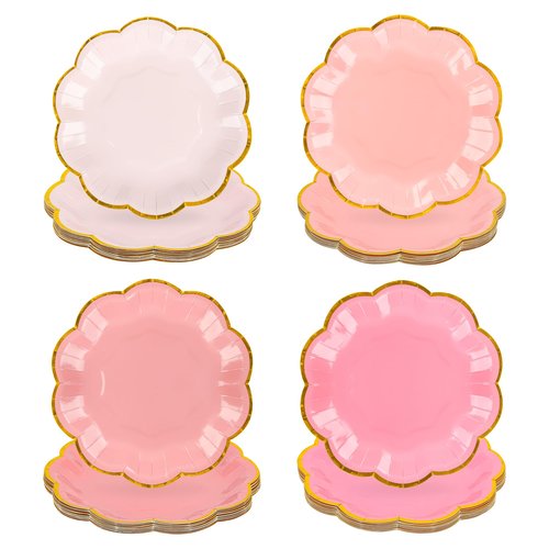 AimFun 24 Pcs Pink Party Plates Mothers Day Gradient Pink Dessert Paper Plates 7inch Gold Foil Scalloped Edge Disposable Cake Plates for Christmas Birthday Bridal Baby Shower Party Supplies